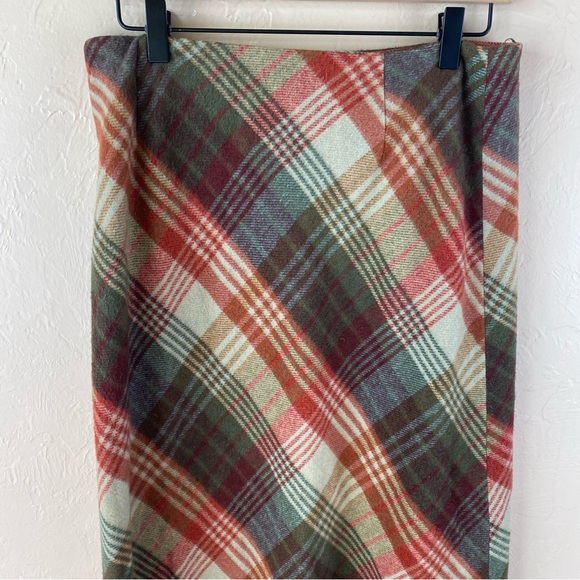 Willi Smith Wool Plaid A-line MIDI Skirt Made in Italy 10P Vintage Green Tan Red - Picture 6 of 9